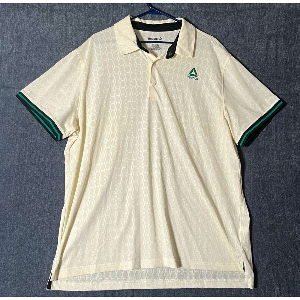 Reebok Mens 2XL Big & Tall White Green Geometric Knit Polo Logo Button Collar